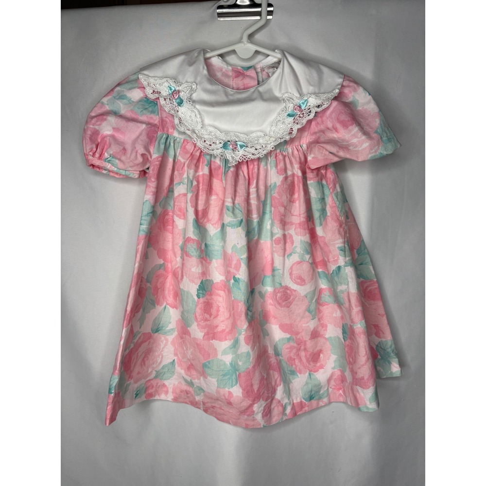 Vtg Bonnie Jean Girls Pink Floral Lace Collar Dress Made in USA ILGWU 2T Read